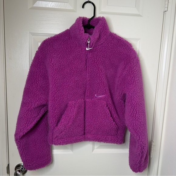 New Nike Sportswear Swoosh Sherpa Jacket Cactus Flower Fuchsia Teddy Jacket  XS - Picture 2 of 14